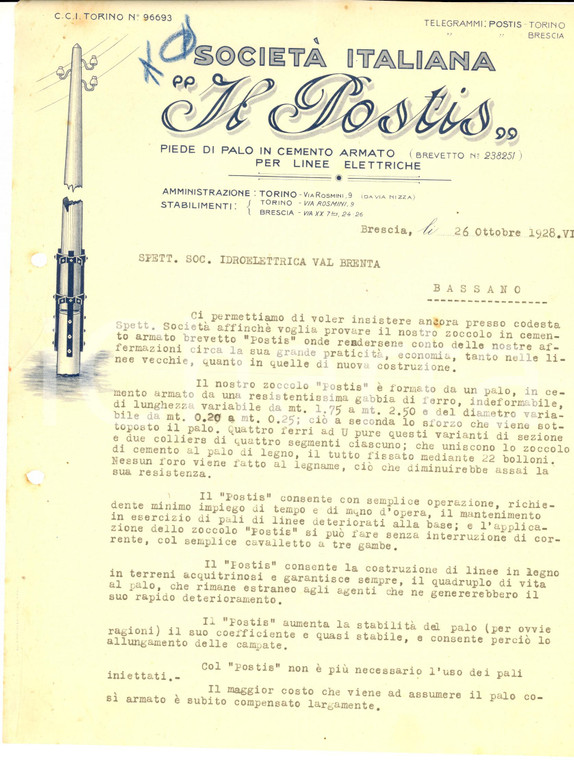 1928 BRESCIA Società IL POSTIS - Lettera commerciale zoccolo in cemento armato