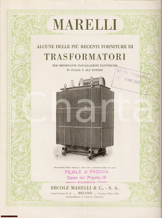 1928 MILANO Trasformatori Ercole MARELLI pubblicità