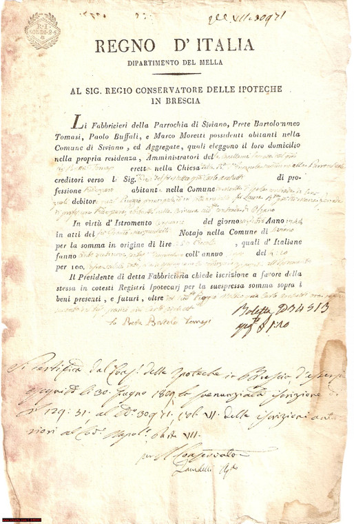 1809 Regno d'Italia Siviano Mella Cappellania Ardutti