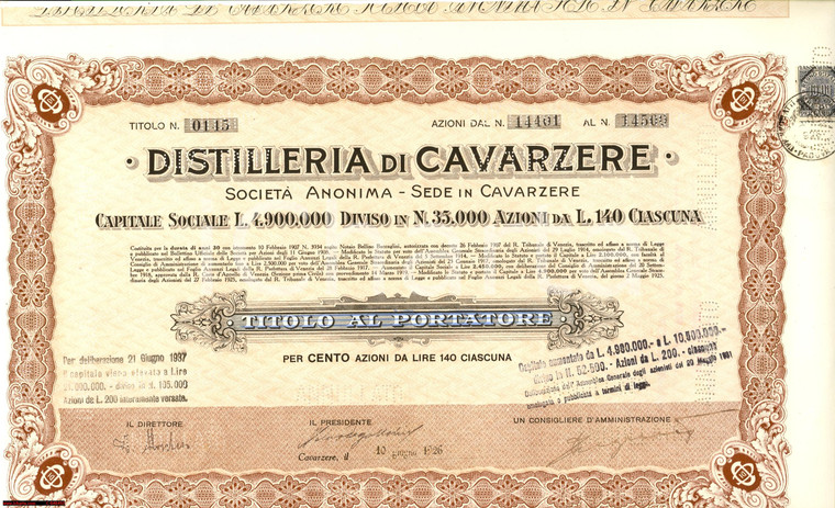 1926 CAVARZERE (VE) Certificato azionario DISTILLERIA Con annullo