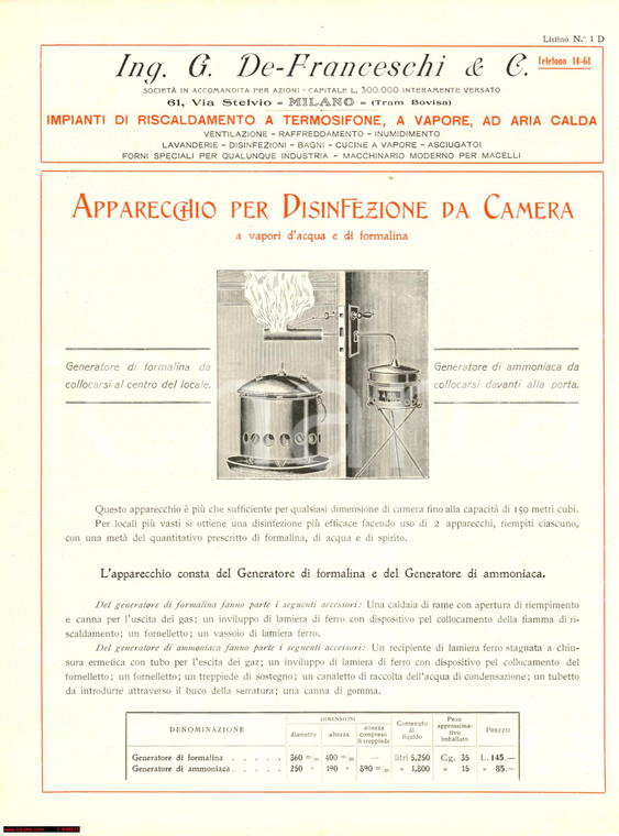 1930 MILANO Ing. DE FRANCESCHI Apparecchio disinfezione