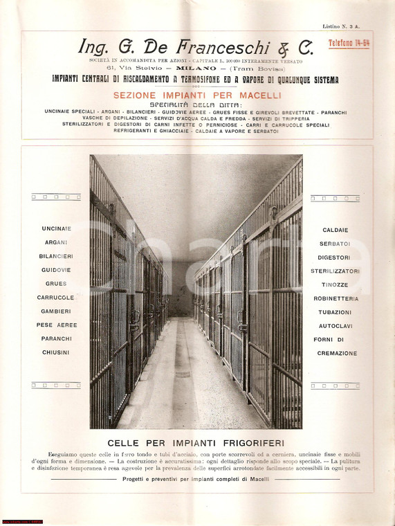 1930 ca MILANO Ing. DE FRANCESCHI Celle per impianti frigoriferi *Pubblicitario