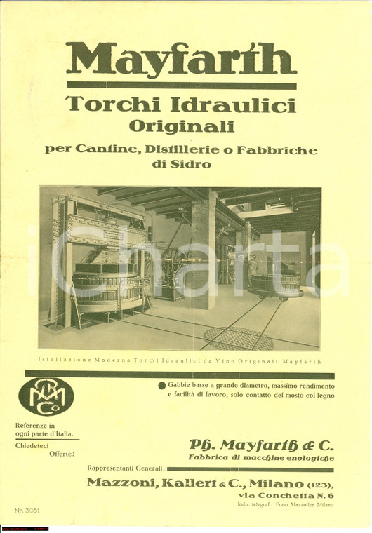 1930 ca MILANO Torchi idraulici per cantine MAYFARTH