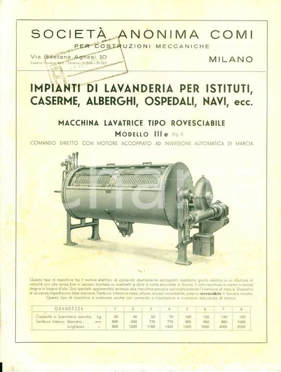 1949 MILANO Società Anonima COMI Impianti lavanderia istituti caserme ILLUSTRATO