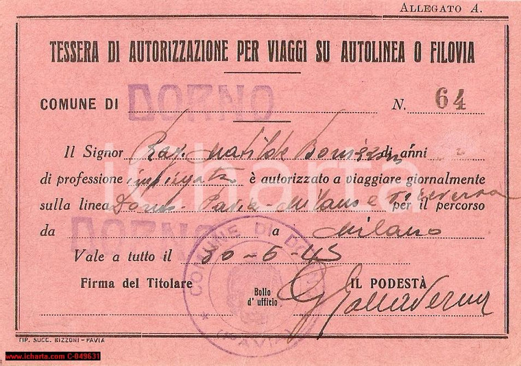 1945 DORNO (PV) Autorizzazione viaggi Matilde BONIZZONI