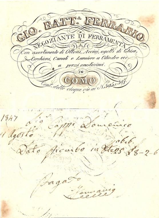 1847 COMO Biglietto Giovanni FERRARIO a Domenico CAPPI