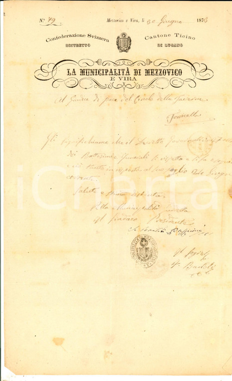 1873 MEZZOVICO-VIRA (CH) Attuazione del decreto su battesimi e funerali *Lettera