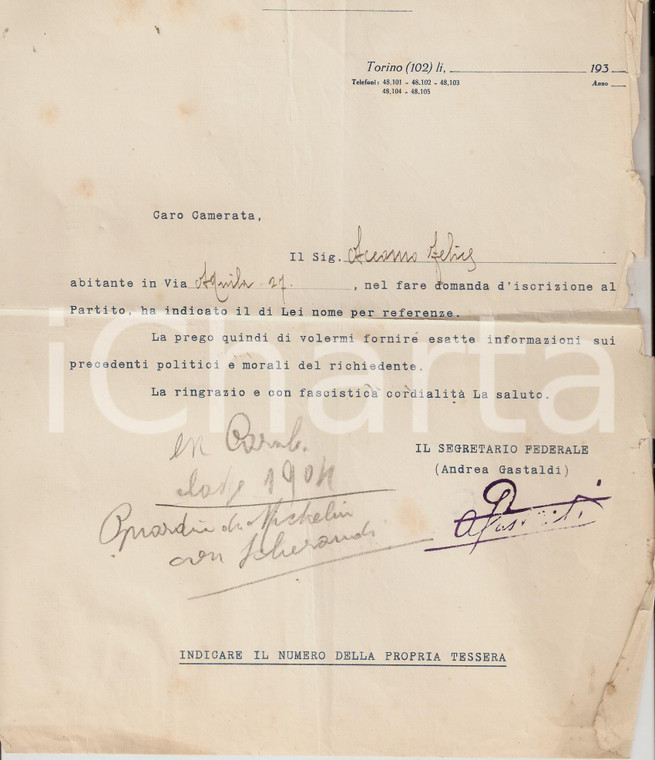 1930 ca PNF TORINO Lettera a referente di Felice ACCOMO su iscrizione al partito