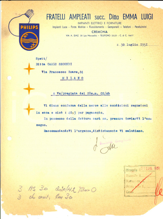 1951 CREMONA Fratelli AMPLEATI succ. Emma LUIGI Lettera DANNEGGIATA PHILIPS