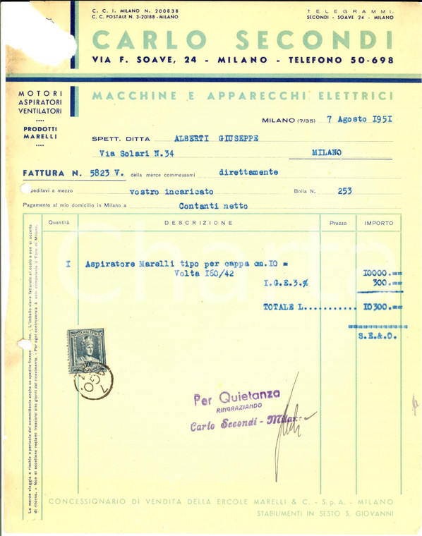 1951 MILANO Ditta Carlo SECONDI *Fattura per aspiratore MARELLI con bollo