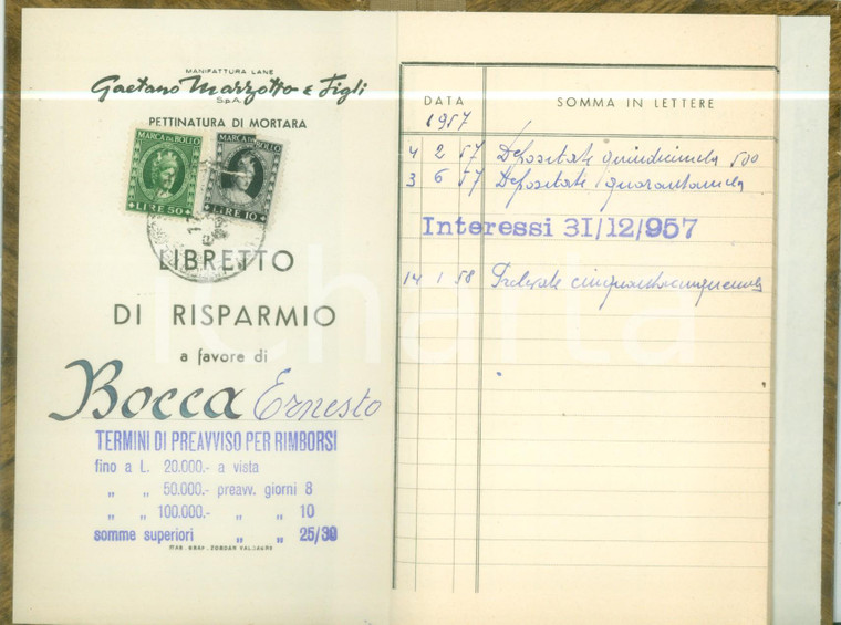 1957-1958 MORTARA Libretto risparmio Ernesto BOCCA Lane MARZOTTO