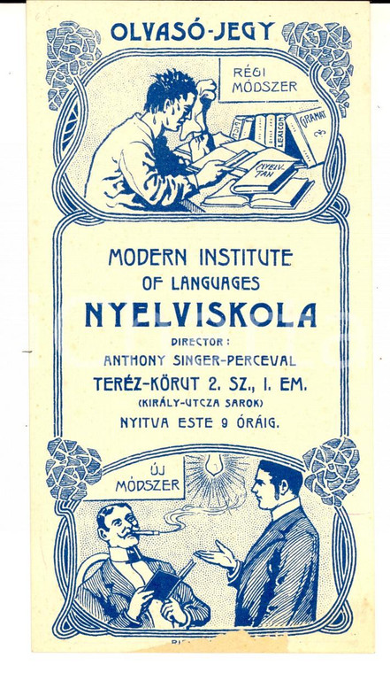 1904 BUDAPEST Modern Institute of Languages NYELVISKOLA Pubblicitario ILLUSTRATO