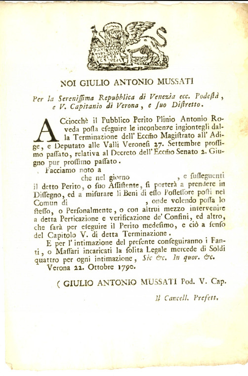 1790 REPUBBLICA DI VENEZIA Misure del perito Plinio Antonio ROVEDA a Verona
