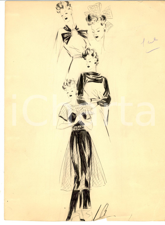 1939 Moda donna ANNI '30 Bozzetto abiti da sera AUTOGRAFO