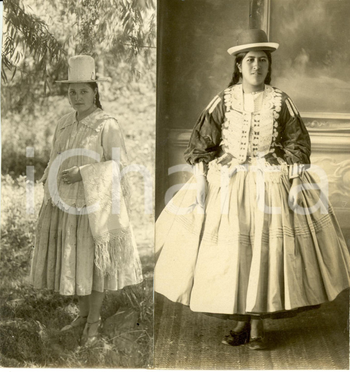 1933 BOLIVIA Donne in costume tradizionale *Fotografia DOPPIA Formato Cartolina