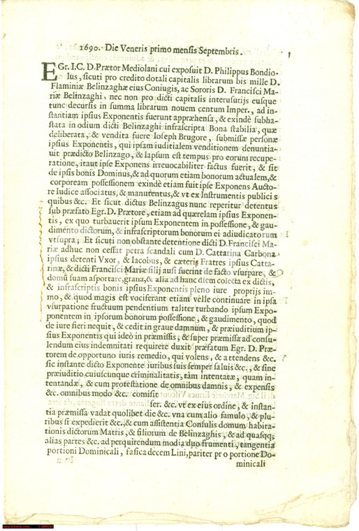 1690 AGNADELLO (CR) Lite per beni dotali di Flaminia BELINZAGHI