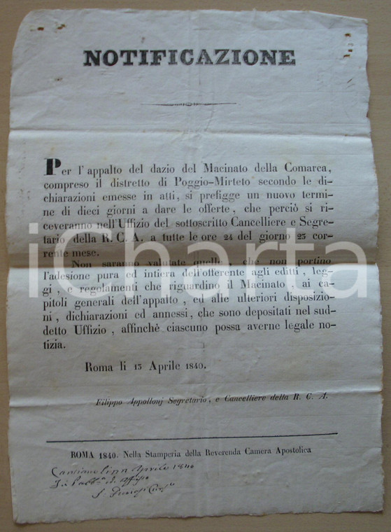 1840 POGGIO MIRTETO (RI) Dazio del macinato in COMARCA