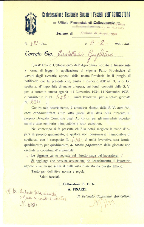 1935 ACQUANEGRA SUL CHIESE (MN) Spettanze Guglielmo CASTELLANI su manodopera