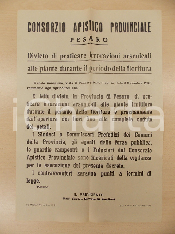 1950 PESARO CONSORZIO APISTICO Vietate irrorazioni arsenicali *Manifesto 34x50