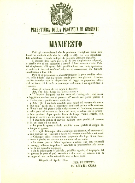 1862 GIRGENTI (AG) Ultimatum per i renitenti alla leva *MANIFESTINO