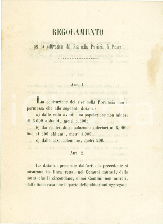 1873 PESARO Regolamento per la coltivazione del riso *Documento