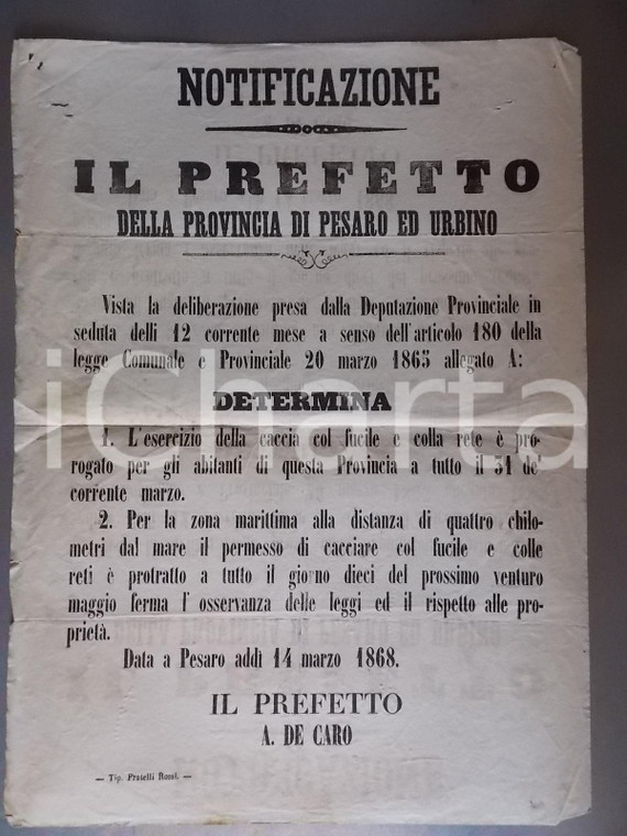 1868 PESARO Proroga della stagione di caccia con fucili e reti *Manifesto