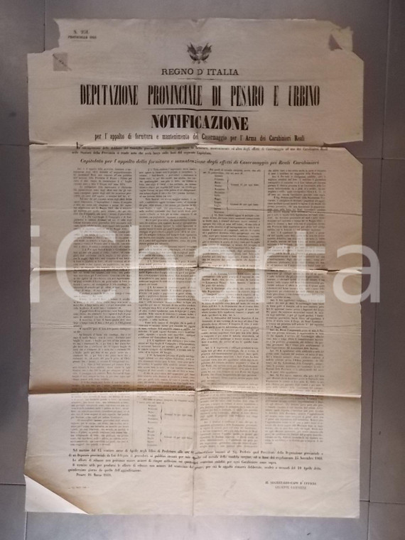 1869 PESARO Appalto per casermaggio Arma dei CARABINIERI REALI *Manifesto