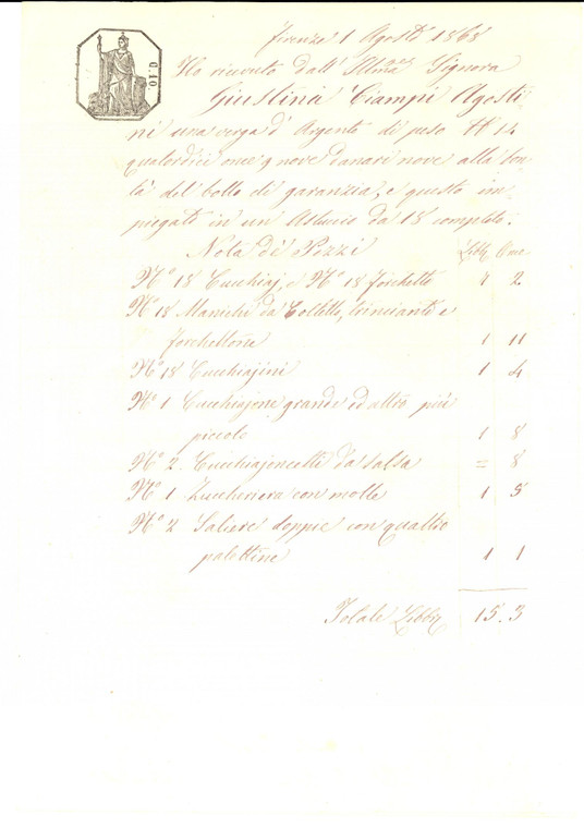 1868 FIRENZE Conto di Tommaso GIANNETTI per un servizio di posate *Manoscritto