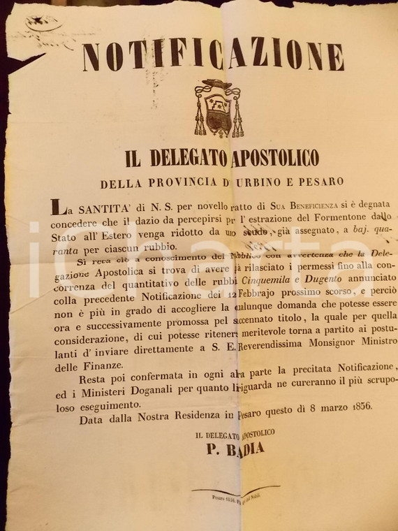 1856 STATO PONTIFICIO ROMA Dazio su esportazione del formentone *Manifesto