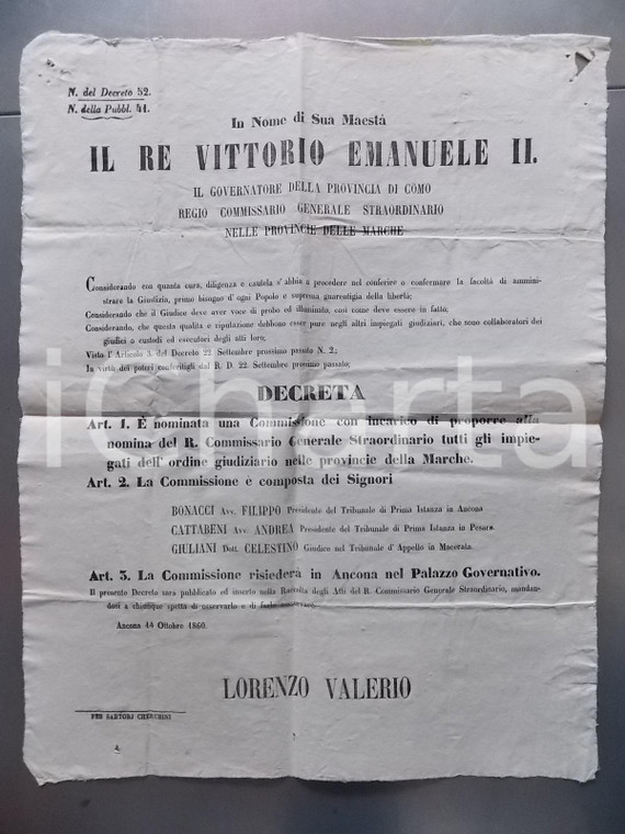 1860 ANCONA Nomina Commissari per impiegati giudiziari delle Marche *Manifesto