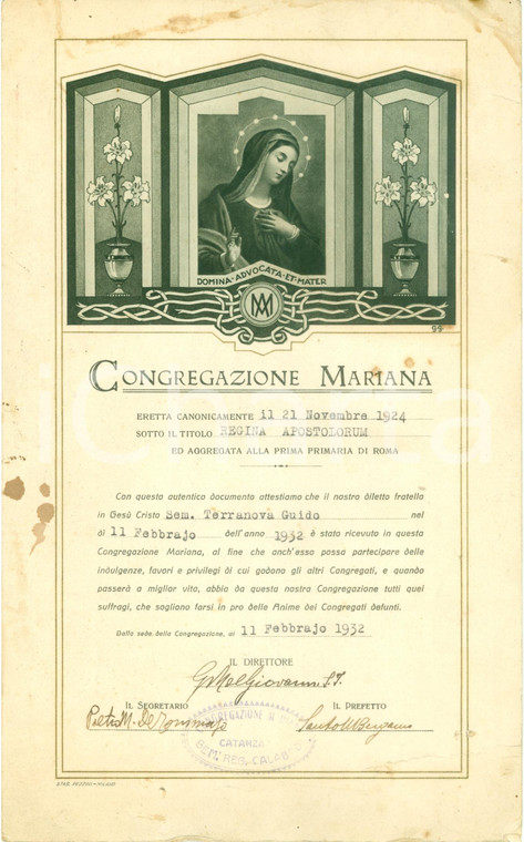 1932 CATANZARO Guido TERRANOVA ricevuto in CONGREGAZIONE MARIANA *Attestato