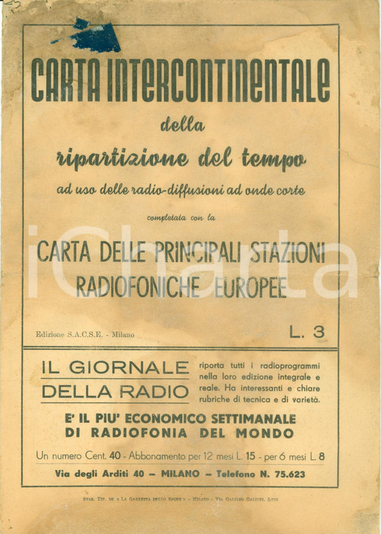 1937 MILANO Carta intercontinentale RADIO-DIFFUSIONE Stazioni radio *DANNEGGIATO