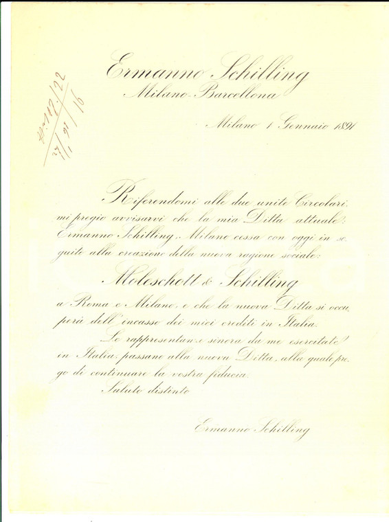 1891 MILANO Nuova società MOLESCHOTT & SCHILLING riscossione crediti in Italia