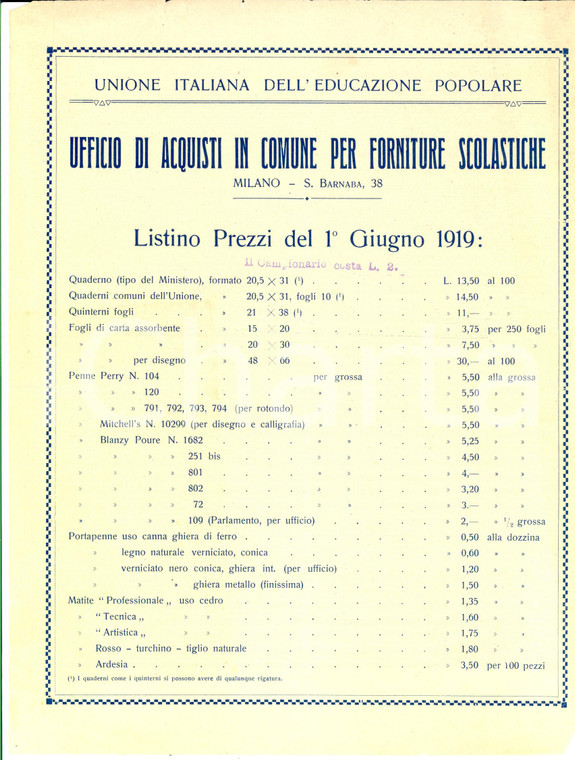 1919 MILANO SAN BARNABA Unione Italiana Educazione Popolare *Listino prezzi