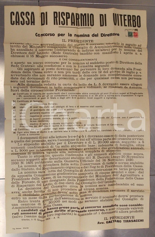 1931 VITERBO Concorso per nomina Direttore CASSA DI RISPARMIO *Manifesto