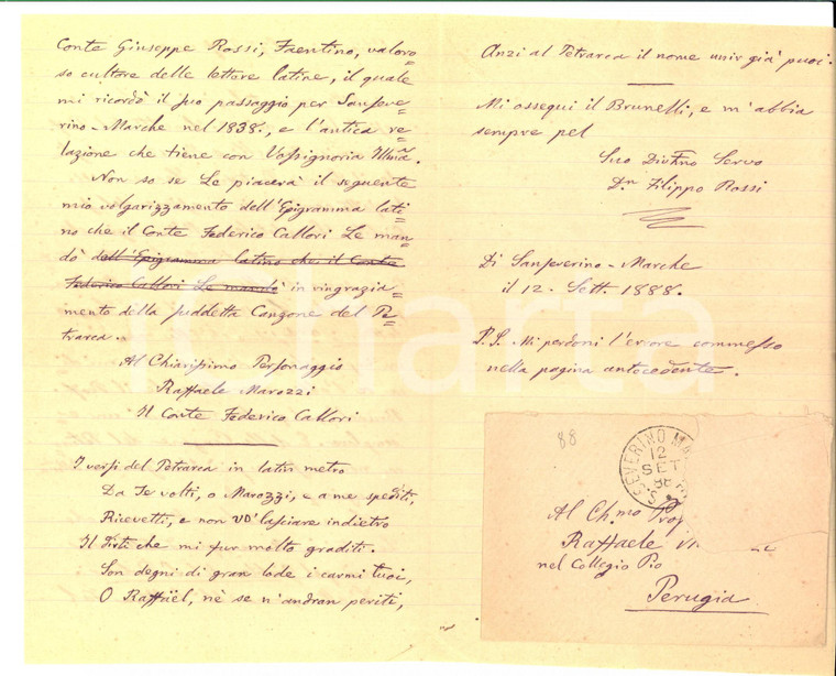 1888 SAN SEVERINO MARCHE (MC) Don Filippo ROSSI al prof. Raffaele MAROZZI