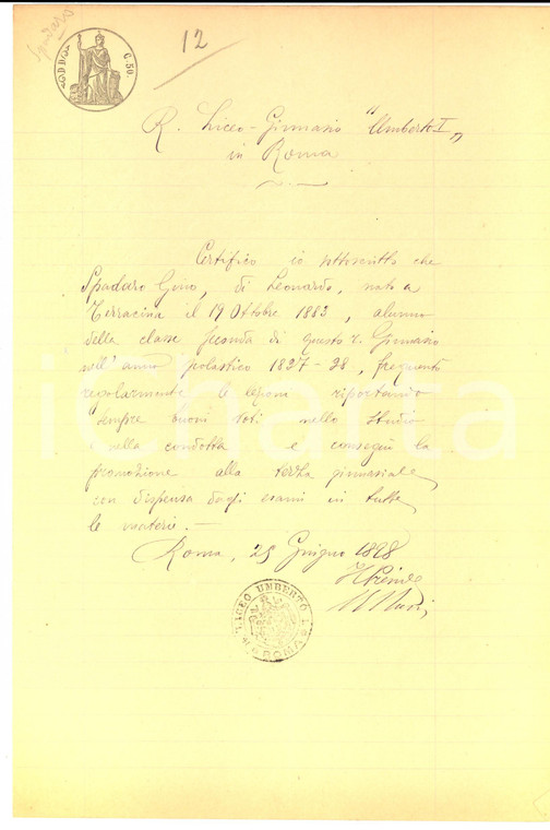 1898 ROMA Regio Ginnasio UMBERTO I - Attestato di frequenza Gino SPADARO