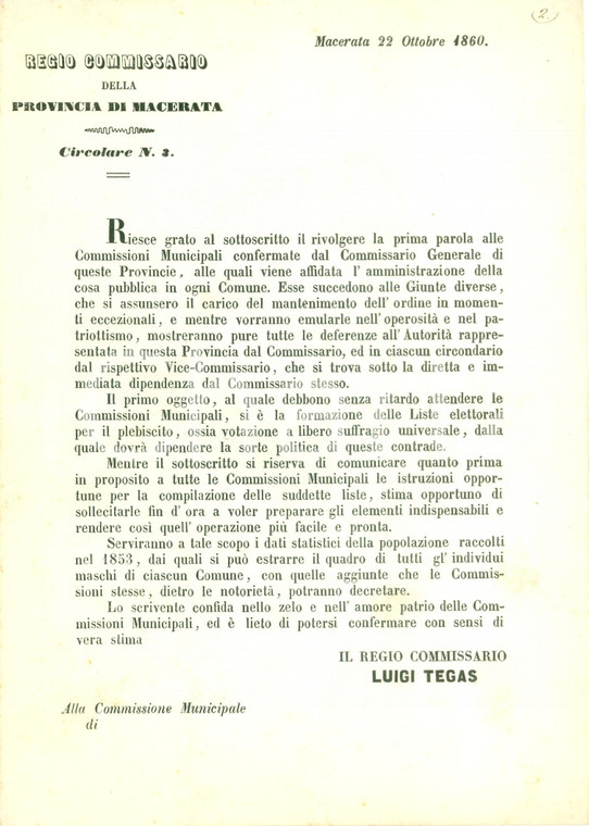 1860 MACERATA Dal Plebiscito dipenderà la nostra sorte politica *Documento