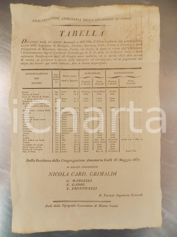 1837 FORLI' STATO PONTIFICIO Prezzi generi annonari e olio d'oliva MANIFESTO