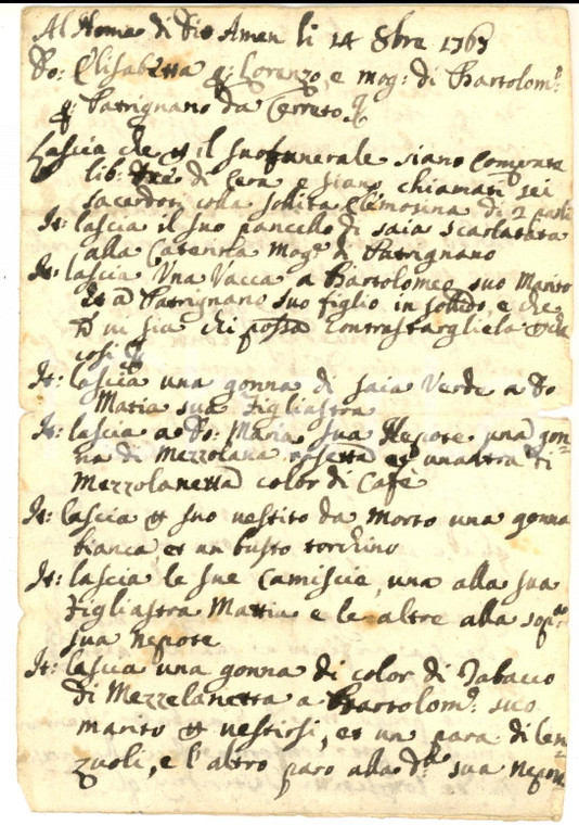1767 AREA DI PIOBBICO (PU) Testamento Elisabetta di Lorenzo con vacca in legato