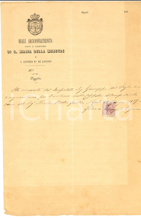 1887 NAPOLI Confraternita S. MARIA DELLA MERCEDE Ricevuta a Giuseppe DEL VAGLIO