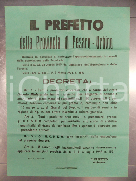 1946 PESARO Conferimento cereali ai granai del popolo *Manifesto 50x70 cm