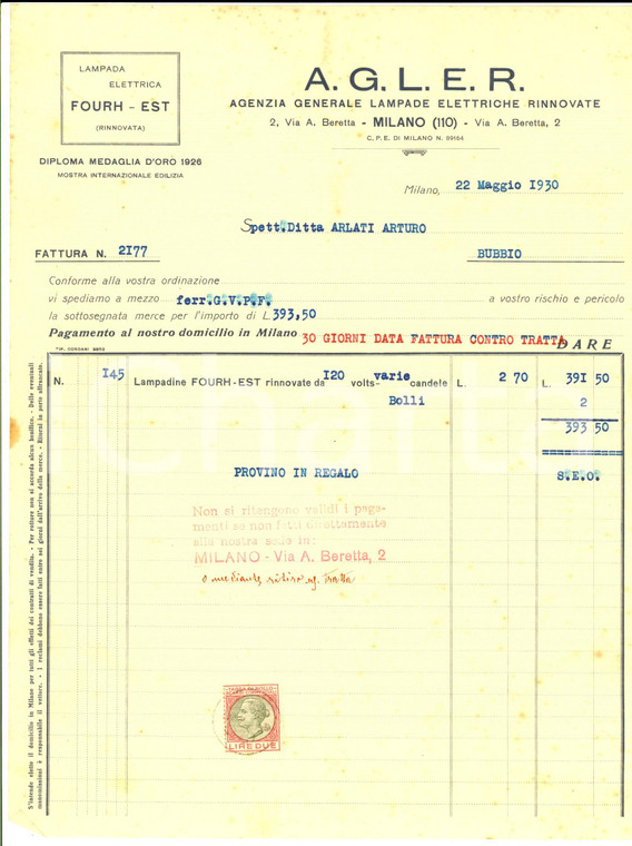 1930 MILANO via Beretta - AGLER Lampade elettriche rinnovate *Fattura intestata