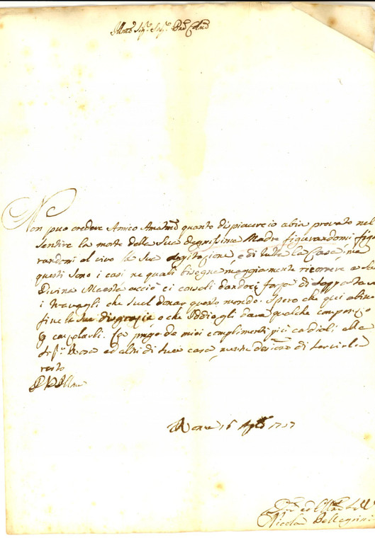 1757 ROMA Nicola PELLEGRINI a un amico in morte della madre *Lettera