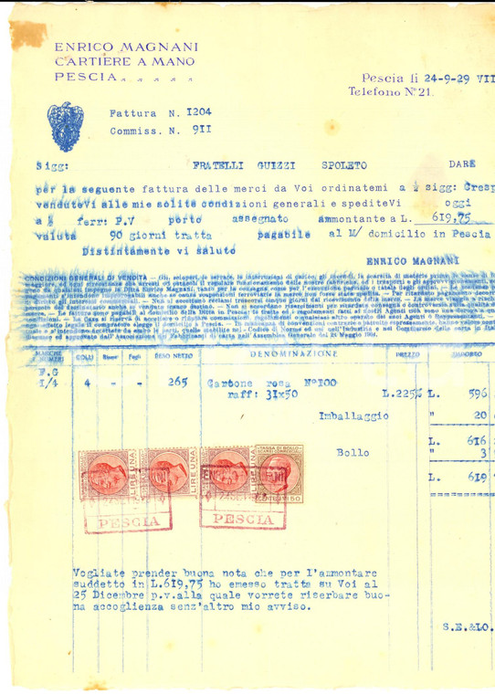 1929 PESCIA (PT) Enrico MAGNANI Cartiere a mano *Fattura su carta intestata