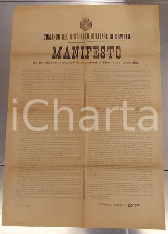 1902 ORVIETO (TR) Bando per arruolamenti volontari di un anno *Manifesto 54 x 79