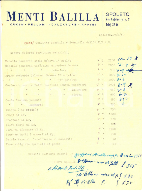 1949 SPOLETO (PG) Balilla MENTI Cuoio - Pellami - Calzature *Preventivo 