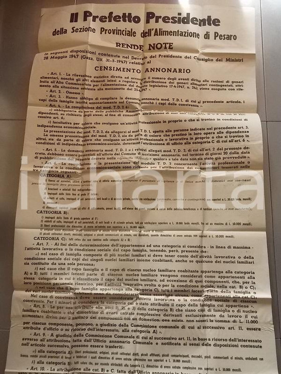 1947 PESARO Istruzioni per il censimento annonario *Manifesto cm 70 x 152