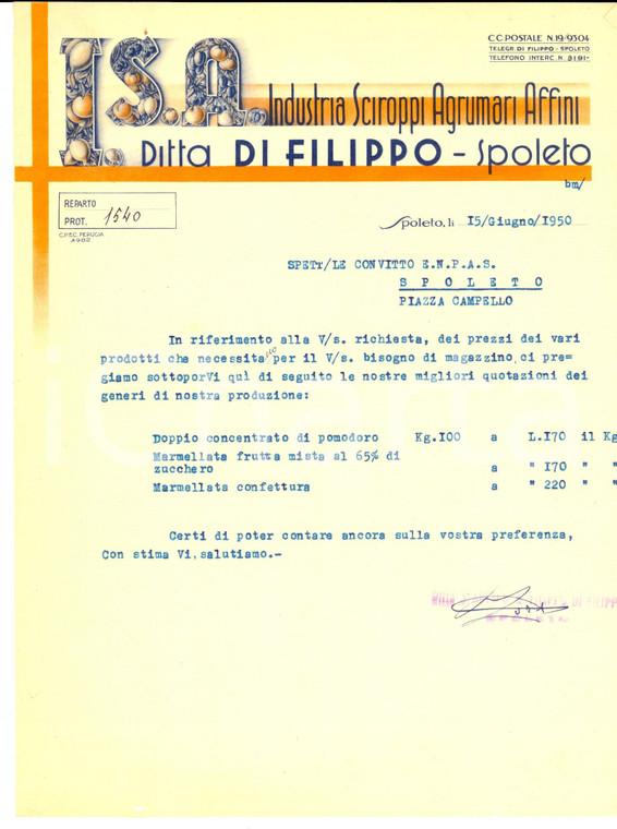 1950 SPOLETO (PG) Ditta DI FILIPPO Industria Sciroppi Agrumari Affini *Lettera