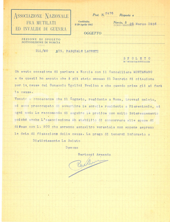 1936 NORCIA (PG) Associazione Mutilati e Invalidi di Guerra *Lettera su vertenza
